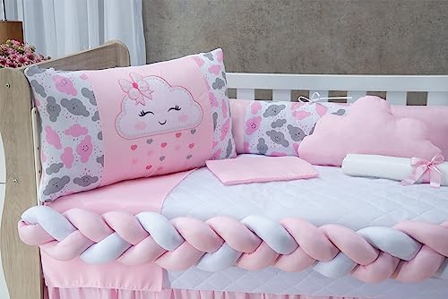 Kit Protetor De Berço Americano Com Trança 11 Peças Bordado - Nuvem Rosa