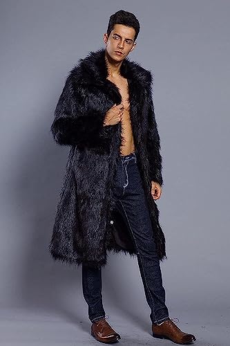 Umren Mens Faux Fur Coat Long Black Jacket Warm Furry Overcoat Outwear Black S #TOP2