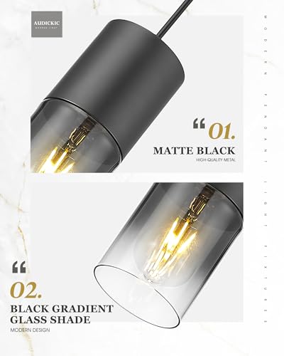 Audickic Black Pendant Lights Kitchen Island, Modern Hanging Lights Fixtures with Cylinder Black Gradient Glass, Industrial Kitchen Pendant Lighting Over Island for Dining Room, AD-24023-1P-BK-SM