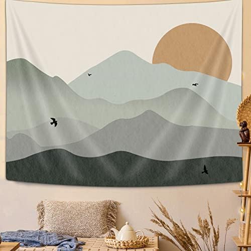 Medium Large Sage Green Mountain Tapestry Boho Abstract Sun Landscape Wall Hanging Art Mid Century Sunset Tapestries Minimalist Aesthetic Decor for Bedroom Living Room College Dorm, 71 x 60 inch