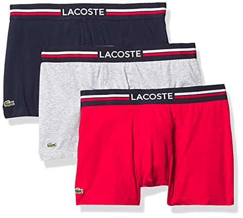 Lacoste Mens Iconic Lifestyle 3 Pack Cotton Stretch Trunks, Navy Blue/Silver Chine/Red, Large Us #TOP16