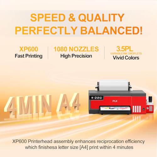 Image of PLK A4 DTF Printer with XP600 Printhead, Sheet and Roll Feeder, Built-in Film Cutter, Upgrade L8058 DTF Printer Machine with White Ink Stirring System 100% Transfer for DIY Printing with Oven Bundle