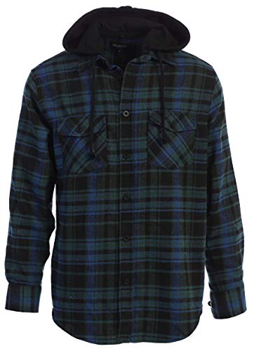 Gioberti Men's Removable Hoodie Plaid Checkered Flannel Shirt, Black/Green/Royal Blue, Large