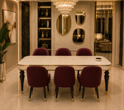 Image of 6 Seater Dining Table Set with Nano Composite Marble Top, Solid Wood Base & 6 Upholstered Chairs, Modern Dining Table Set for Home & Dining Room Furniture (Maroon, White Marble Top, 6 Seater)
