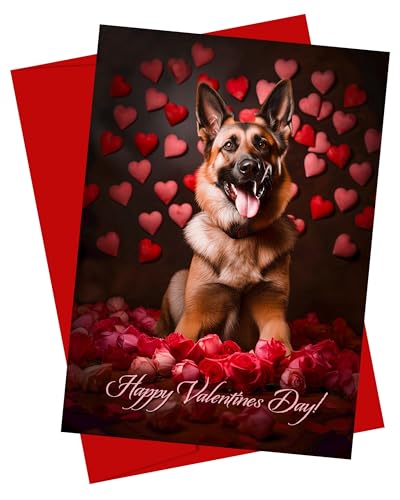 CATNEVERLAND Biglietto di San Valentino con pastore tedesco, adorabile regalo di San Valentino per gli amanti dei cani, qualità premium, interno bianco con busta rossa, collezione Dog for Valentine