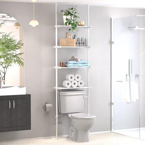 Image of Home Zone Living Over-the-Toilet Organizer Bathroom Storage Organizer | Tension-Mounted Design with Adjustable 4-Tier Shelves, for Ceilings 91 inch to 114 inch High, White