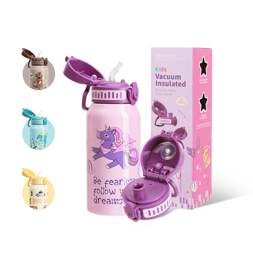 UZSPACE Botella Agua Acero Inoxidable para Niños 550ml con 2 Tapas Diferentes, A Prueba de Fugas, Apertura de un Clic, Termo con Pajita para Colegio, Guardería, Deporte Niños y Niñas (Lila)
