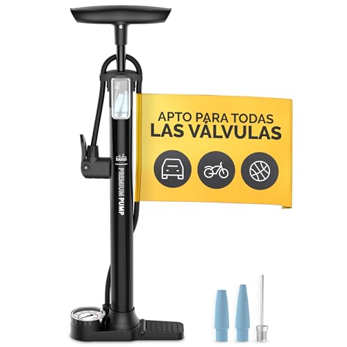 DANSI Bomba de pie para Bicicleta con Todas Las válvulas AV, SV, DV - Bomba de Aire para Bicicleta con manómetro Grande, adaptadores y depósito | Bomba para Motocicleta