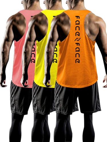 Tank Tops Men Y-Back Muscle 3 Pack Dry Fit Sleeveless Workout Tank Tops for Men Mesh Material Running Gym (US, Alpha, Large, Regular, Regular, Orange，Yellow，Pink)