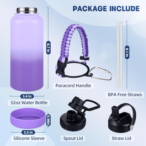 Image of Insulated Water Bottle, 32 oz Stainless Steel Wide Mouth Water Bottles with 2 Leak Proof Lid and Paracord Handle, Double Wall Vacuum Insulated Sports Water Bottle, Gradient Purple