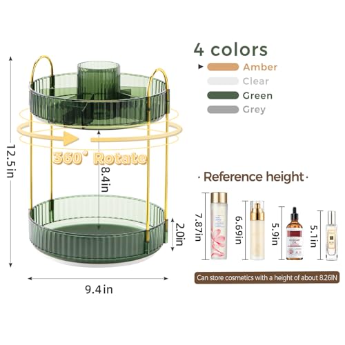 Image of 360 Rotating Makeup Organizer, Upgraded 2 Tier Skincare Perfume Organizers for Women, Bathroom Organizer Countertop, Clear Cosmetic Dresser Organizer with Makeup Brush Holder, Sink&Counter (Green)