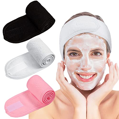 Image of Whaline 3Pcs Spa Facial Headband Make Up Wrap Head Terry Cloth Headband Adjustable Washable Towel for Shower Makeup Face Washing Skincare Facial Treatment Sport Fits (White, Black, Pink)