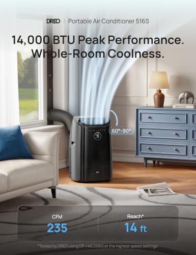 Image of DREO Portable Air Conditioner 516S, 14000 BTU ASHRAE (10000 BTU DOE) Smart AC Unit for Bedroom with Drainage-free Cooling, Fan&Dehumidifier 3 in 1, APP /Voice /Remote, Quiet Standing AC for Room Indoors