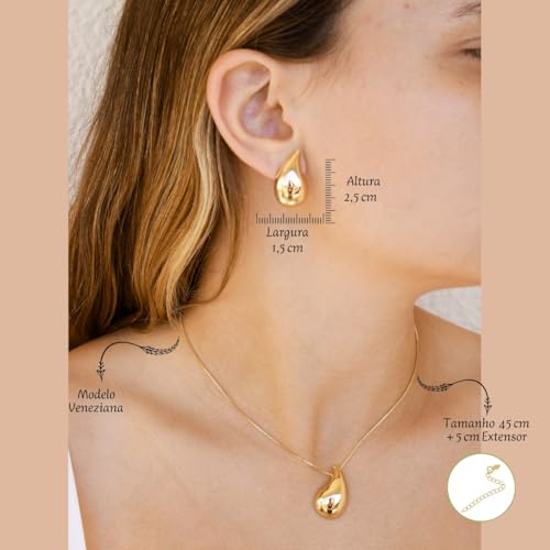 Conjunto Colar e Brinco Gota Semi Joias Banhado Ouro 18k