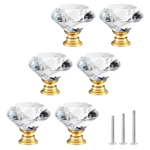 ShipeeKin Lot De 6 Bouton de Meuble Cristal Poignées de Meubles de Placard en Cristal de 30 mm Forme de Diamant avec Base d'or Boutons d'armoire en Verre...