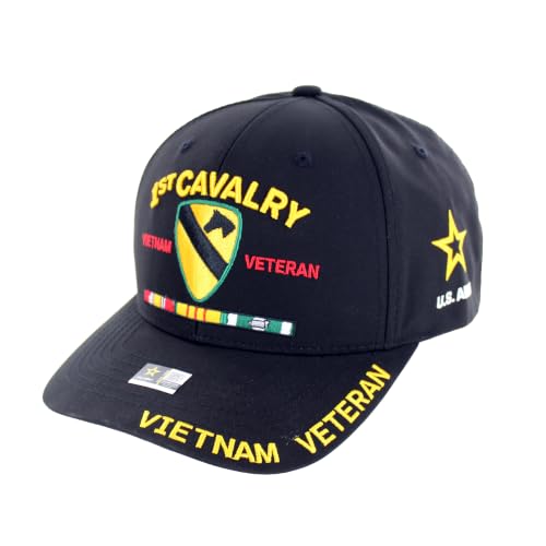 Officially Licensed U.S. Army Military Vietnam Veteran Baseball Cap - 1st Cavalry Ribbon Embroidered U.S. Flag Premium Quality Adjustable Hook-and-Loop Closure Hat Black