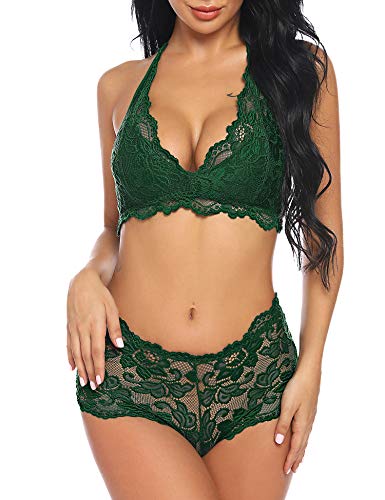 Women Plus Size Sexy Bralette Set Lace Bra and Panty Set Bridal Lingerie Outfits Green XXL