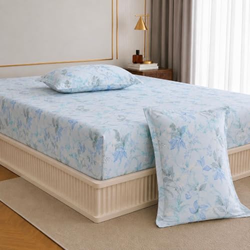 Image of Jaipur Weaves Queen Size Fitted Bedsheet Cotton with Elastic, 100% Pure Cotton Double Bed Fitted Sheet with 2 Pillow Covers, 240 TC, 60x78 Inches up to 8-inch Mattress, Floral Design - (Aqua Floral)