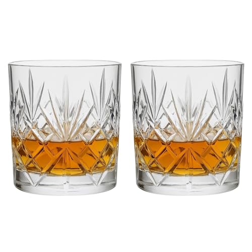 Image of UNIQUE HOME LIVING Whiskey Glasses Set of 2 Vintage Whisky Tumblers 340ml Old Fashioned Drinking Glasses Clear Cut Glass Cups for Bourbon Brandy Rum Cocktail Glassware Barware Home Bar Party Men Gift