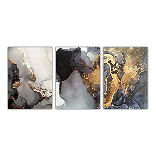 Tableau toile art abstrait marbre gris et or 50x70 cm triptyque salon contemporain sans cadre