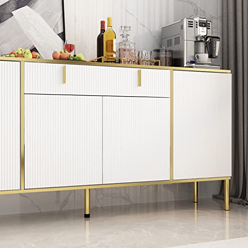 Ecacad Modern Sideboard Buffet Storage Cabinet With Ripple Doors, Drawer & 6 Storage Compartments, Kitchen Cupboard Console Cabinet With Metal Legs For Living Room, Entryway, White & Gold #TOP6