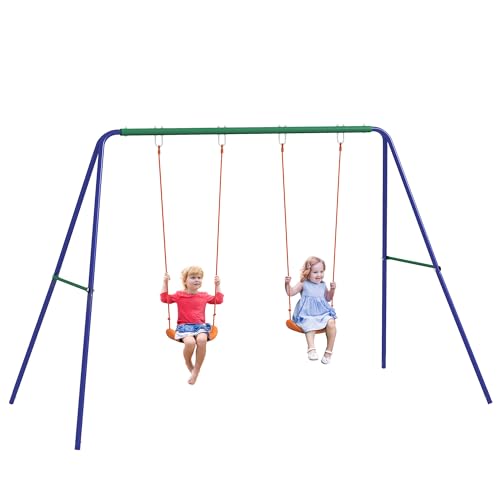 Outsunny Altalena per Bambini 3-8 Anni con 2 Seggiolini e 4 Picchetti, Altalena Doppia da Giardino in Metallo, 269x160x180 cm, Multicolore