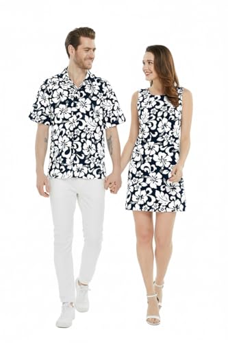 Image of Matchable Couple Hawaiian Luau Men Shirt or Women Tank Dress in Classic Vintage Hibiscus