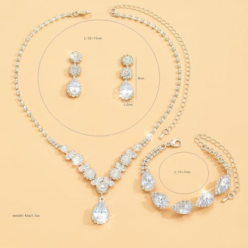 Paxuan Silver / Gold Rhinestone Crystal Wedding Bridal Bridesmaids Earrings Bracelet Set for Women Brides Bridesmaids Crystal Rhinestone Bracelet Earrings Set for Wedding Bridal Prom Pageant (Style2 - Necklace + Earrings + Bracelet(Silver Plated White Cub - Thumbnail 6