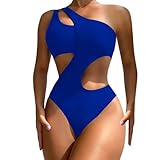 Womens One Shoulder Monokini Swimming Costume Cut out Swimsuit Swimwear Solid Colour Vintage Holiday Beach Bathing Suit C-286