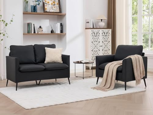 Image of TYBOATLE Leather Loveseat Sofa and Accent Chair Set (Black, 2)