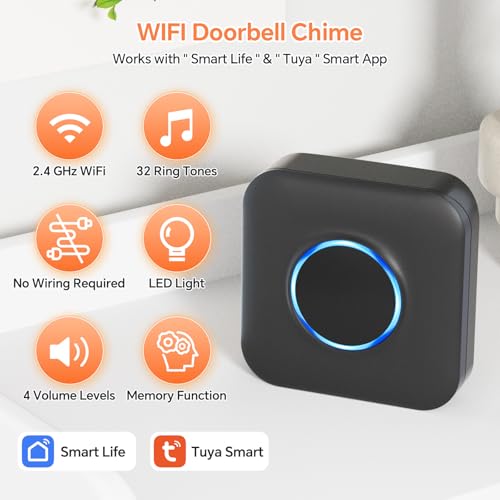 Smart WiFi Wireless Doorbell Chime for Google Nest, Ring, Blink – App-Connected with 58 Music, 5 Adjustable Volume & LED Light, No Wiring Required (2pack, Black) - Image 6