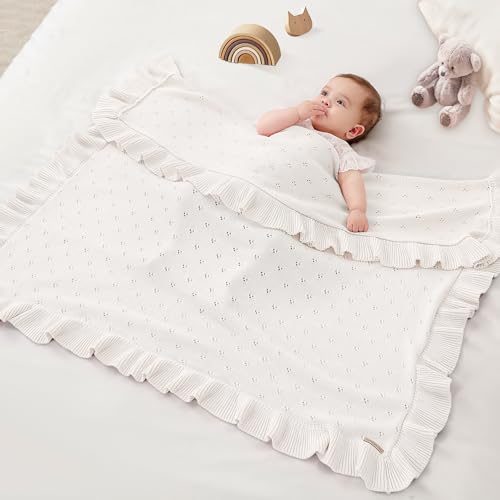 Image of Ruffle Cotton Pointelle Knitted Baby Blanket, 40 x 31 Inches Soft Cozy Newborn Swaddle Blanket for Girls, Crib Stroller Receiving Blanket, Elegant Gift Box,White
