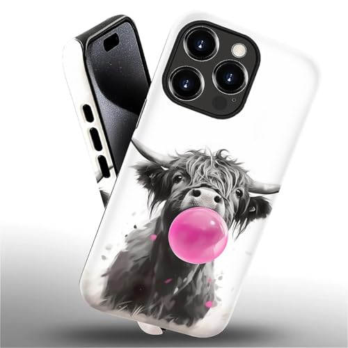 CARLOCA for iPhone 16 Pro Case, Highland Cow Blowing Pink Bubble Full Body Pattern Hybrid 2-Layer Matte Hard Shell Silicone Protective Case for iPhone 16 Pro by CARLOCA - Used condition - Image 3