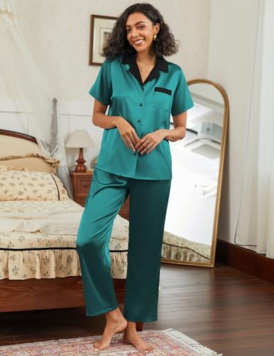 Ekouaer Satin Pajamas Set for Women Silk Button Down Sleepwear Short Sleeve Loungewear 2 Pieces Nightwear2