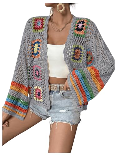 Image of SHENHE Women's Floral Crochet Cardigan Hollow Out Open Front Long Sleeve Cardigan Sweater