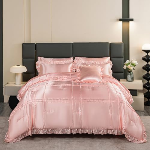 Merryword Pink Satin Comforter Set Queen 8 Pcs Bed in A Bag Soft Smooth Satin Bedding Set Pinch Pleated Design Luxury Silky Bedding Set Cooling Comforter Set with Satin Sheet Set