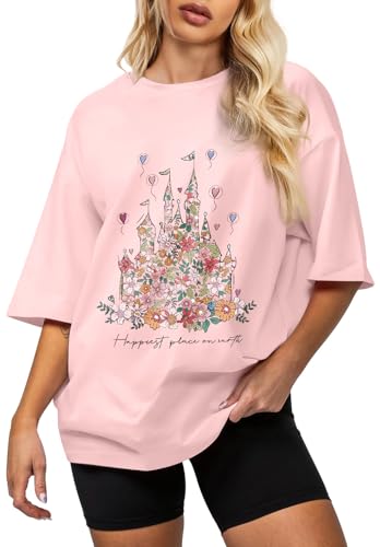 Flafens Oversized Tshirts for Women - Graphic T Shirt Loose Tees Crewneck Sleeve Top Cute Fashion Summer Pattern Print Tops