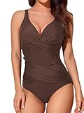 Smismivo Tummy Control Swimsuits for Women Slimming One Piece Bathing Suit Retro Ruched Push Up Vintage Padded Swimwear