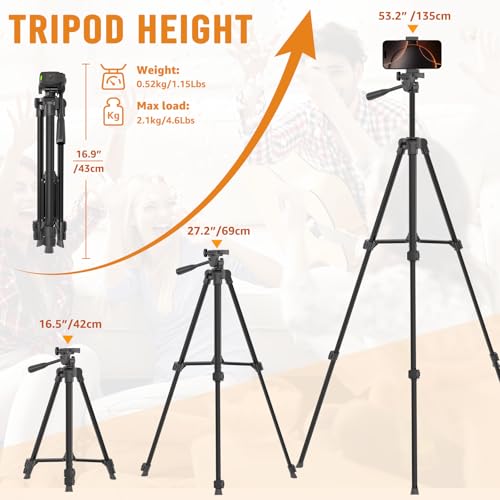 Trépied pour téléphone Luswemi 133 cm avec télécommande pour iPhone et GoPro
