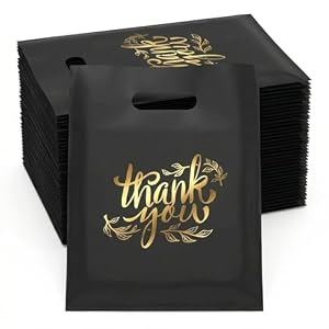 20 × 25 cm 100 Pcs Thank You Gift Bags Set, Black Thank You Bags for Wedding Gift Bag Small Business Retail Shopping, Party Gift Bag with Gold Leaf Design for Packaging Party Candy Cookies Jewelry
