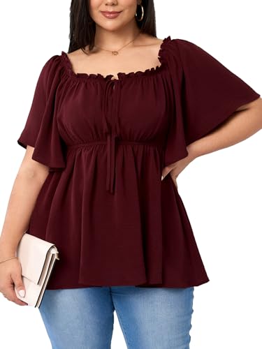 SCOMCHIC Women's Plus Size Blouse Summer Peplum Tops Short Sleeve Square Neck Ruffle Casual Blouses Babydoll Top Shirts