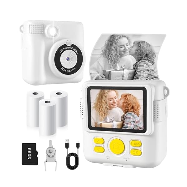 Instant Print Camera for Kids with 3 Rolls of Printer Paper, 1080P Toddler Digital Camera Toys for Age 3-12 with 32GB SD Card, Christmas & Birthday Gifts for 3 4 5 6 7 8 Year Old Girls & Boys (White)