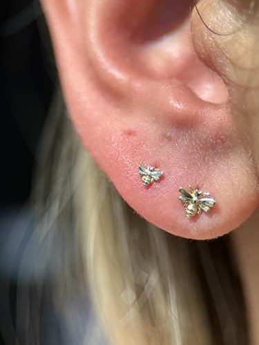 14K Solid Gold Cute Bumblebee Flat Back Stud Earring Internally Threaded Cartilage Earring for Helix, Tragus & Lobe Nose Ring Hypoallergenic Comfy Minimalist Stud Earring SINGLE or PAIR3