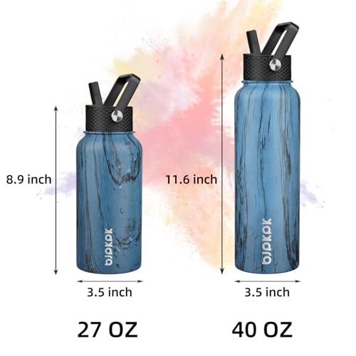 Image of BJPKPK Insulated Water Bottles with Straw Lid, 27oz Stainless Steel Water Bottle with 3 Lids, Leak Proof BPA Free Metal Thermo, Mugs, Tumblers, Keep Cold Hot - Wood Prussian Blue