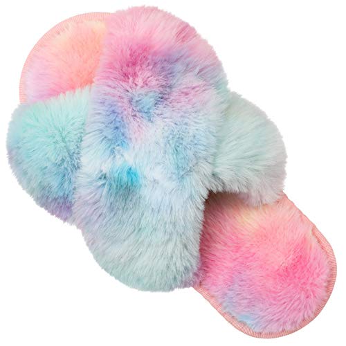 FEETCITY Furry Cross Slippers Women Soft Cozy Fur House Shoes Flip Flop Open Toe 5-5.5 Blue Pink