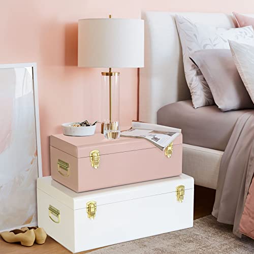 Image of Vixdonos Metal Trunks College Dorm Steel Chests Decorative Storage Box Set of 2 Bedroom Organizer for Home Decor,23.7X14.2X9.5 Inches(Pink and White)