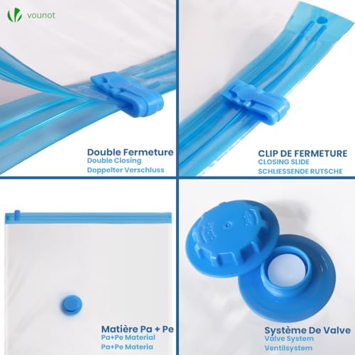 VOUNOT® Set di 9 Pezzi Sacchetti Sottovuoto Vestiti e 1 Pompa, Sacchetti Salvaspazio Riutilizzabili per Lenzuola, Piumoni, Cuscini, Coperte - Immagine 2