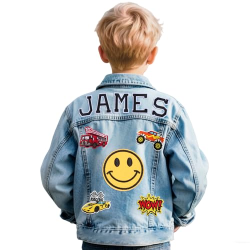 Personalized Kids Denim Jackets with Name Patches, Custom Boys Girls Jean Jackets for Ages 1-14, Stylish Outerwear for Children
