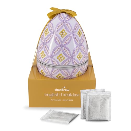 Charbrew Patterned Egg-Shaped English Breakfast Tea Tin | 60 Premium Black Teabags | Decorative Reusable Gift Tin | Classic Breakfast Tea