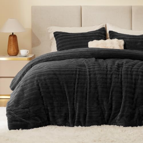 Image of BEDELITE Faux Fur Queen Comforter Set, Fluffy Bed Set, Black | Super Soft & Warm, Luxury Fuzzy Cozy Comforter for Winter, Heavy Plush Bed set, with 2 Pillowcases